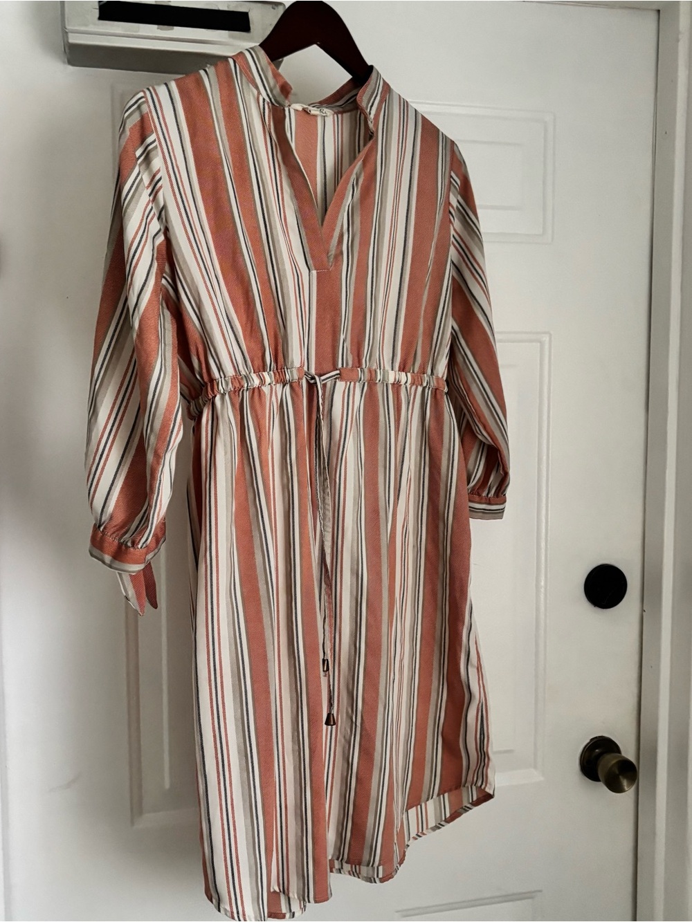 Striped Rust and Cream Midi Dress with Drawstring Waist